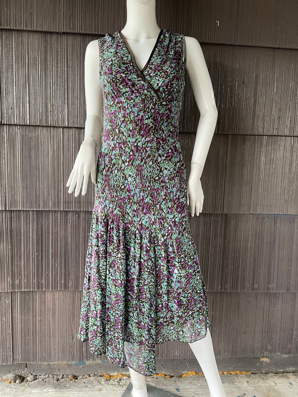 🔥VTG Y2K Multicolor abstract bias cut chiffon asymmetrical maxi dress Fairycore